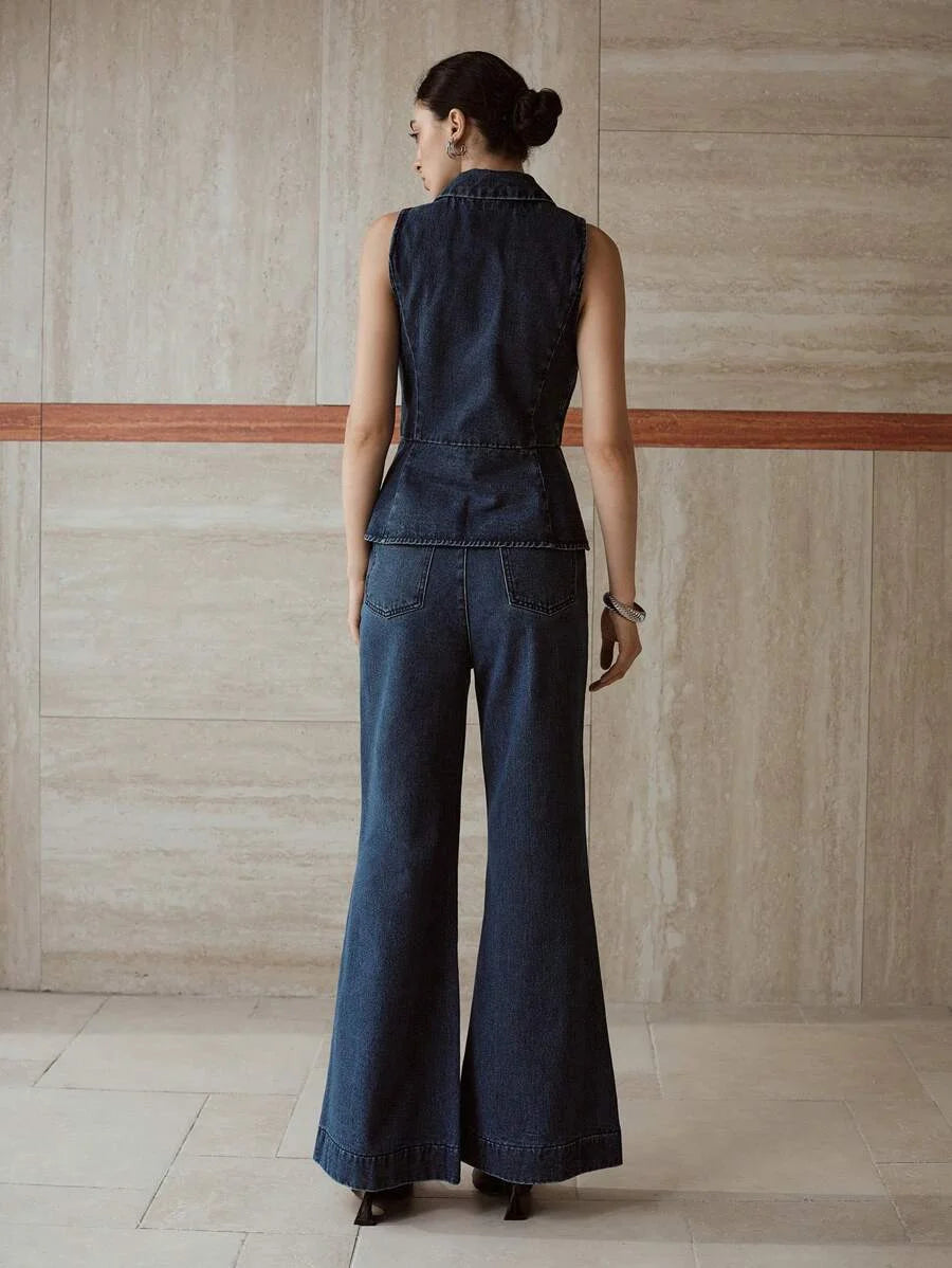 PREMIUM BUTTON UP SLEEVELESS DENIM BLOUSE amp FLARE LEG JEANS OUTFIT