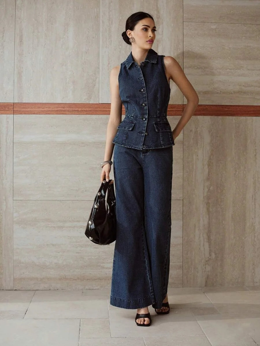 PREMIUM BUTTON UP SLEEVELESS DENIM BLOUSE amp FLARE LEG JEANS OUTFIT