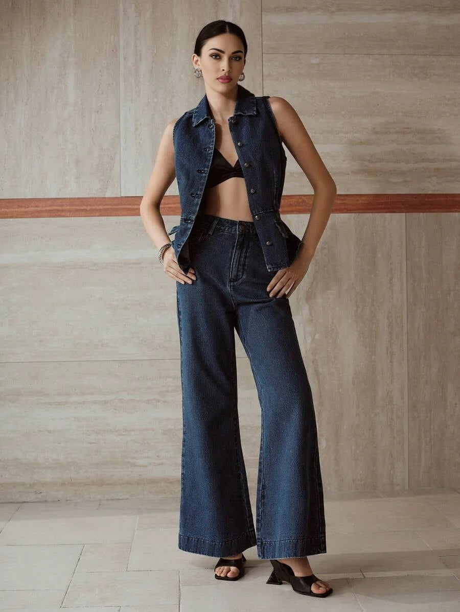 PREMIUM BUTTON UP SLEEVELESS DENIM BLOUSE amp FLARE LEG JEANS OUTFIT