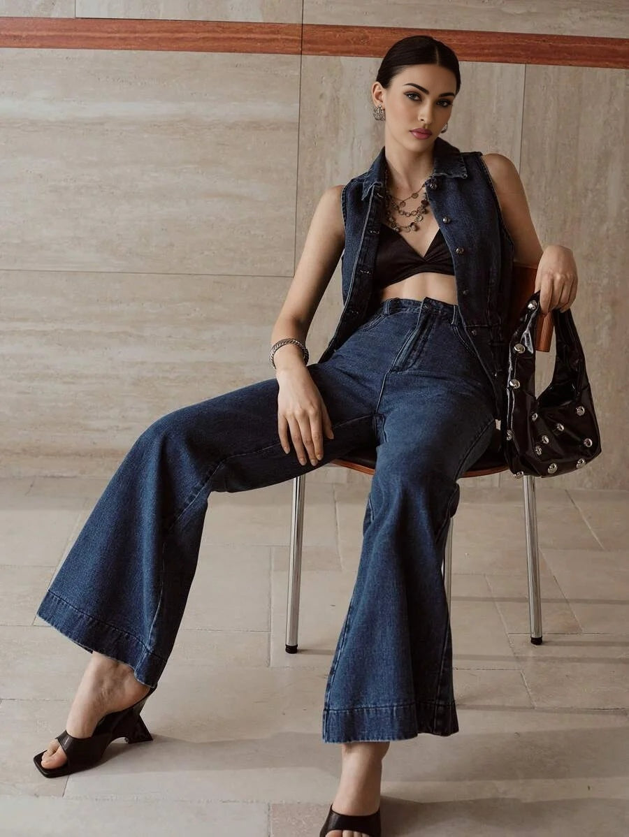 PREMIUM BUTTON UP SLEEVELESS DENIM BLOUSE amp FLARE LEG JEANS OUTFIT