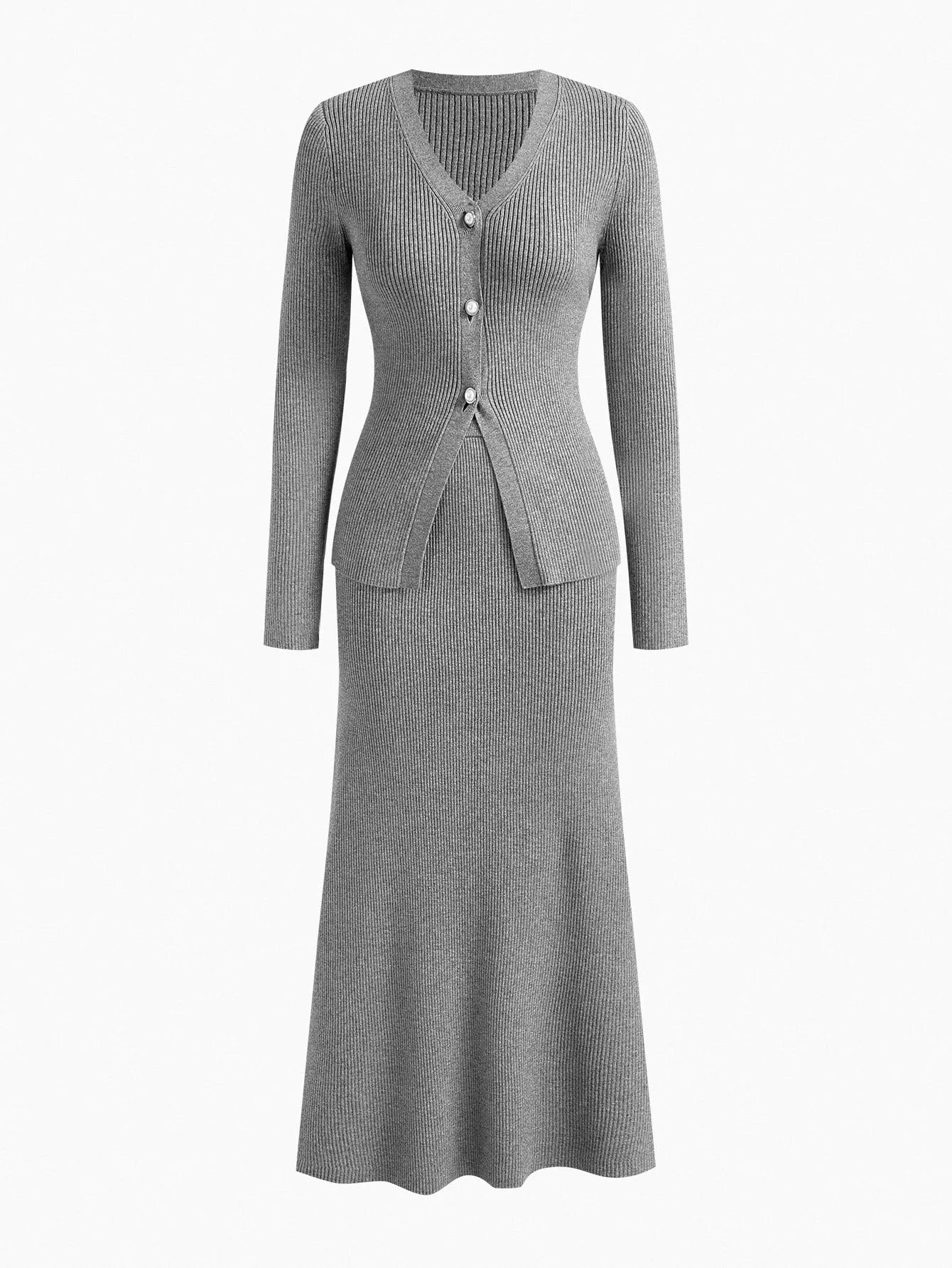 PREMIUM BUTTON UP SLIM FIT TOP amp SKIRT SWEATER SET FOR AUTUMN amp WINTER