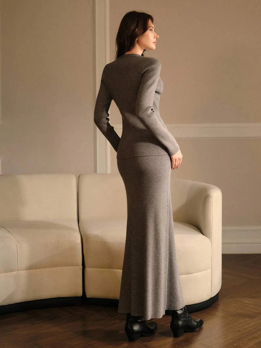 PREMIUM BUTTON UP SLIM FIT TOP amp SKIRT SWEATER SET FOR AUTUMN amp WINTER