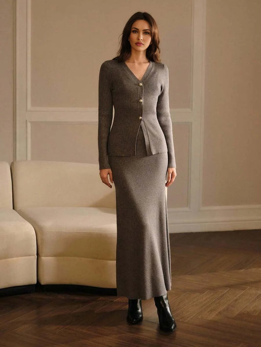 PREMIUM BUTTON UP SLIM FIT TOP amp SKIRT SWEATER SET FOR AUTUMN amp WINTER