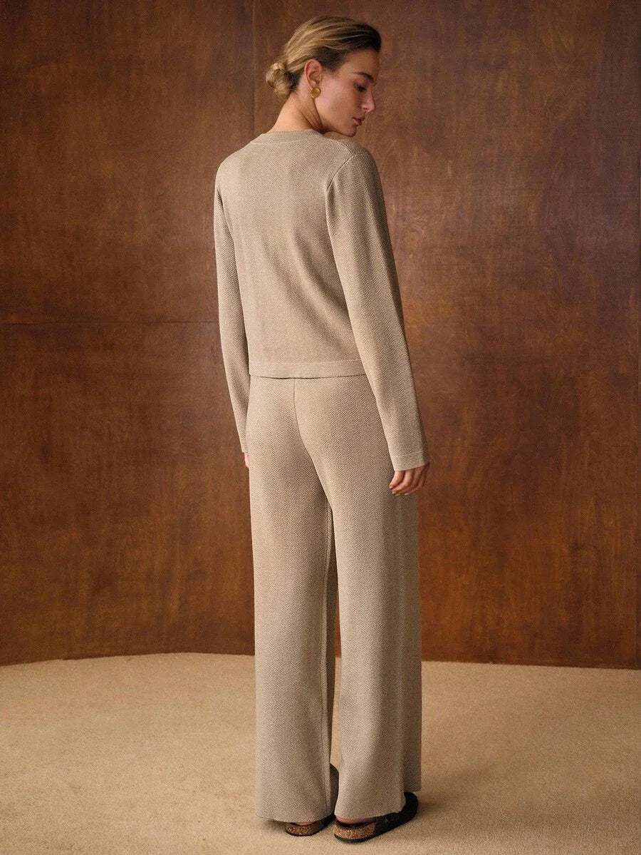 PREMIUM BUTTON UP V NECK TOP amp WIDE LEG PANTS SWEATER SET