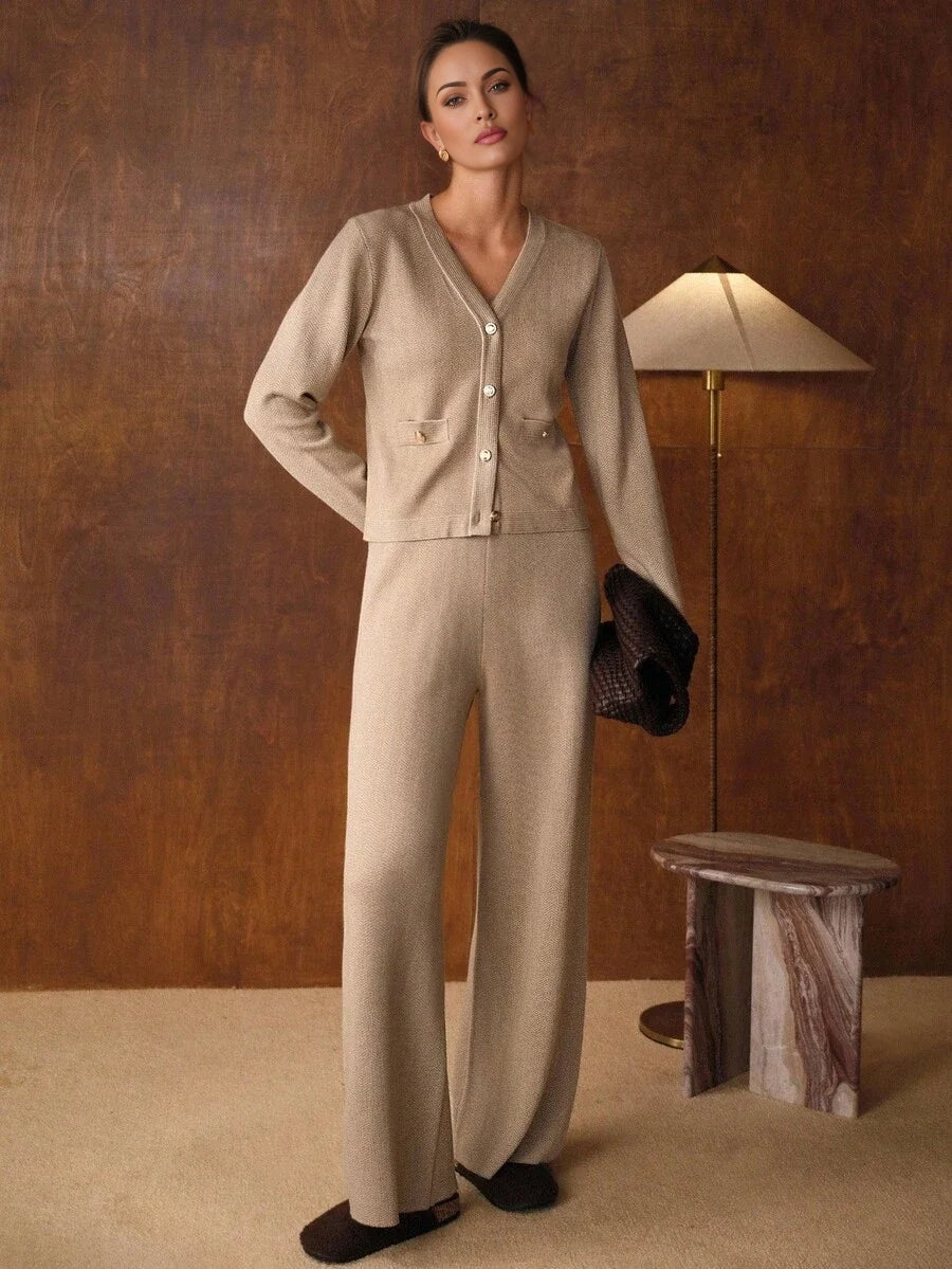 PREMIUM BUTTON UP V NECK TOP amp WIDE LEG PANTS SWEATER SET