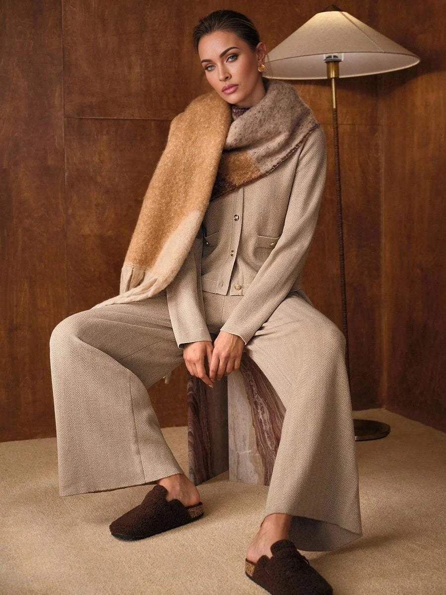 PREMIUM BUTTON UP V NECK TOP amp WIDE LEG PANTS SWEATER SET