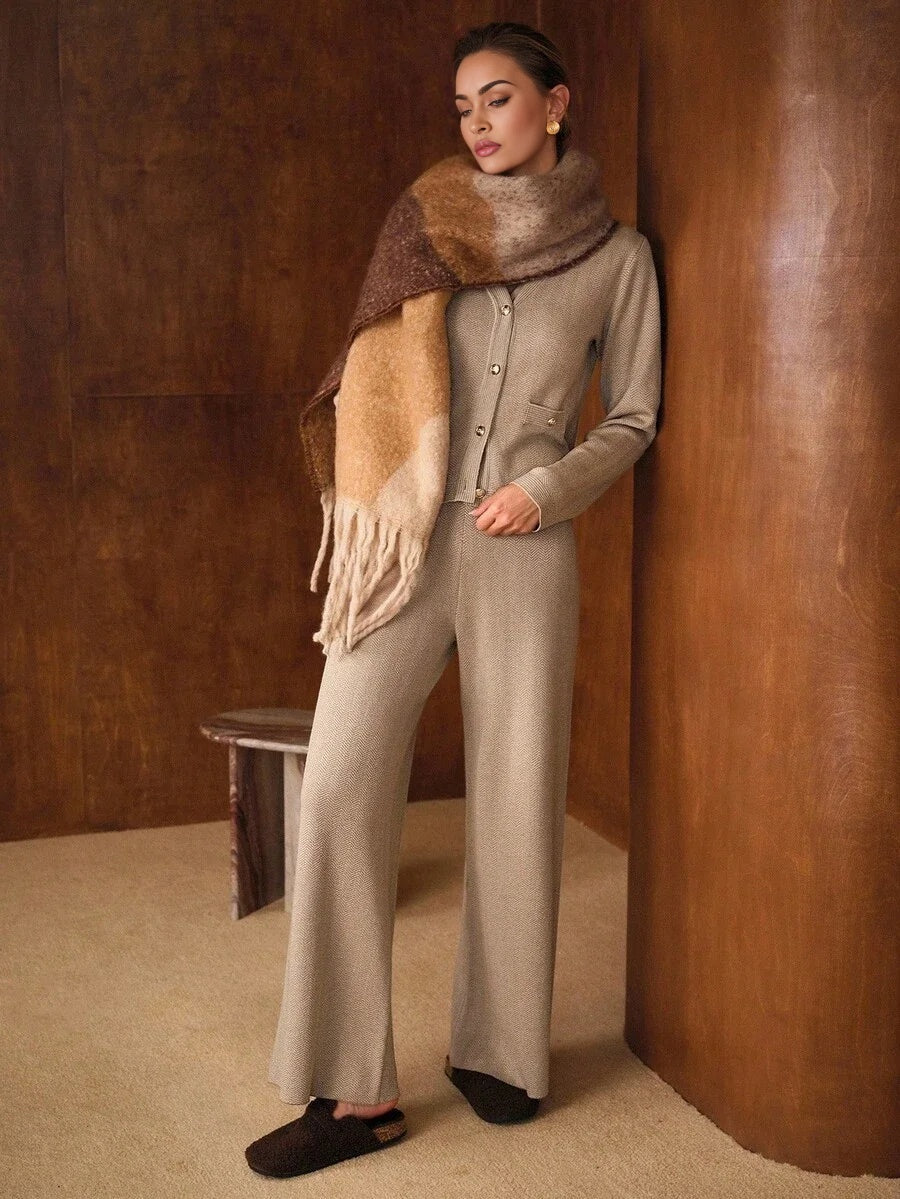 PREMIUM BUTTON UP V NECK TOP amp WIDE LEG PANTS SWEATER SET