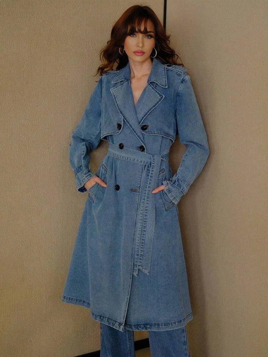 PREMIUM CASUAL ELEGANT LOOSE DOUBLE BREASTED PLACKET BELTED DENIM TRENCH COAT