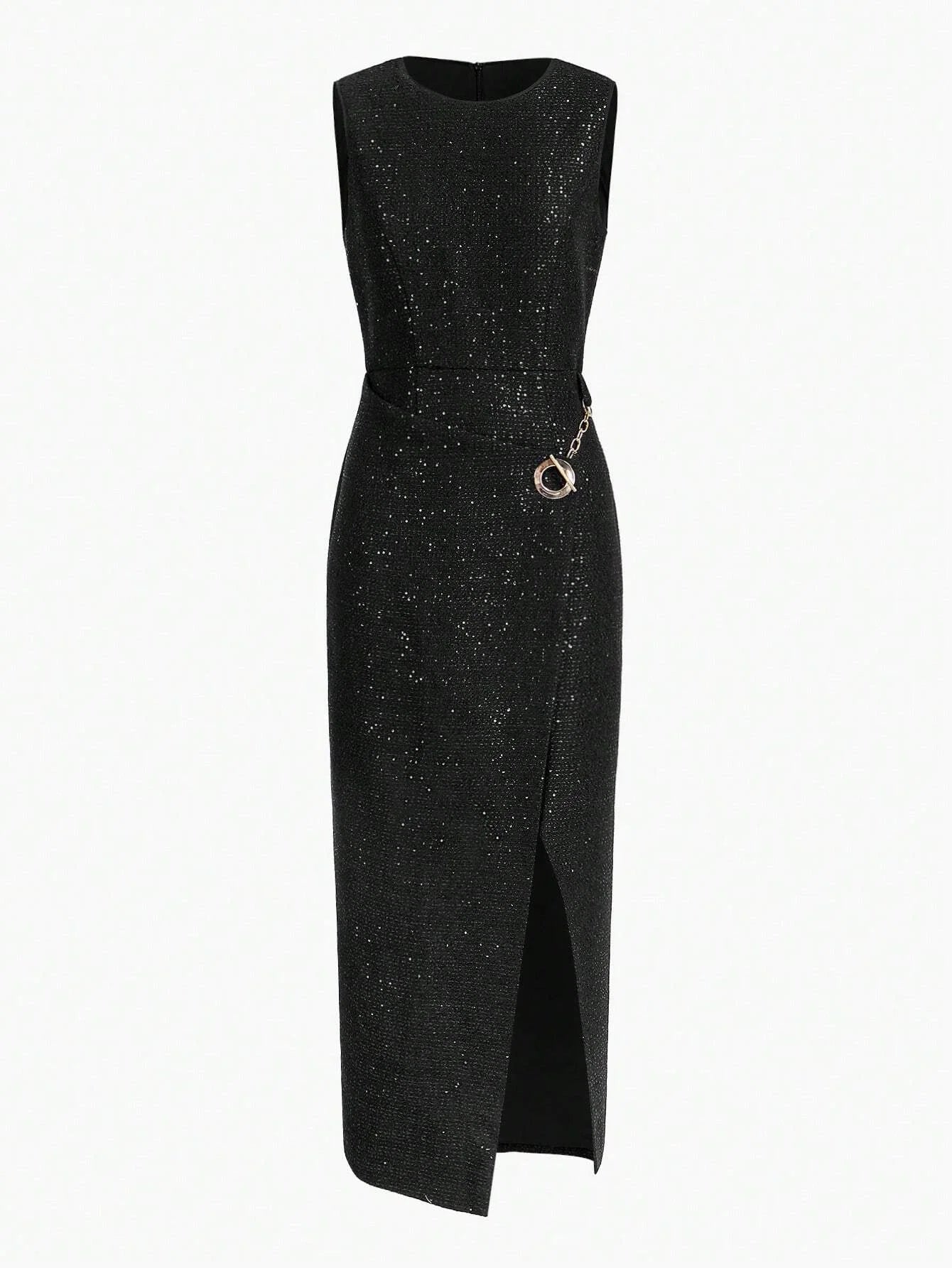 PREMIUM CHAIN DETAIL SPLIT DRESS