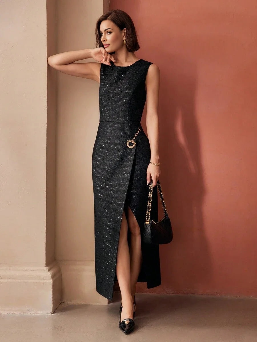 PREMIUM CHAIN DETAIL SPLIT DRESS