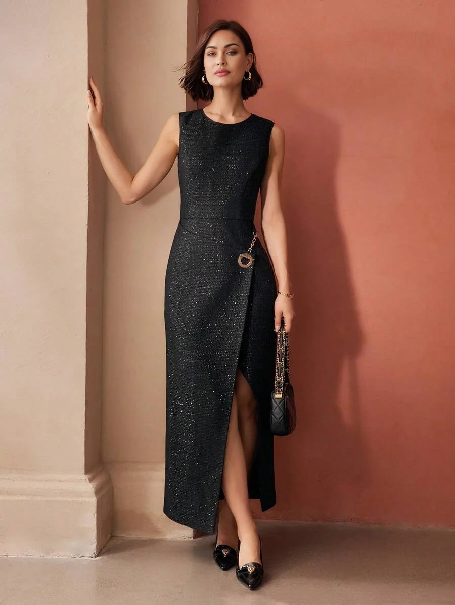 PREMIUM CHAIN DETAIL SPLIT DRESS