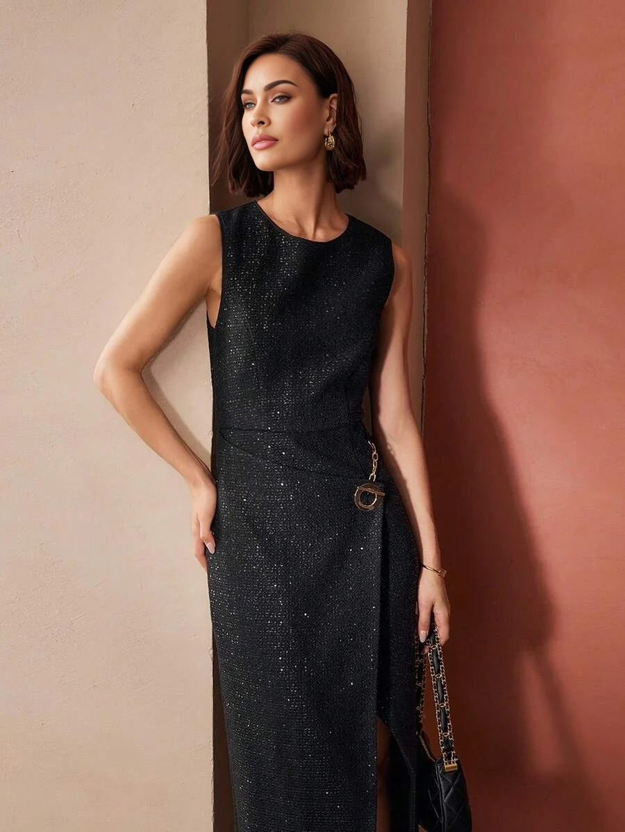 PREMIUM CHAIN DETAIL SPLIT DRESS