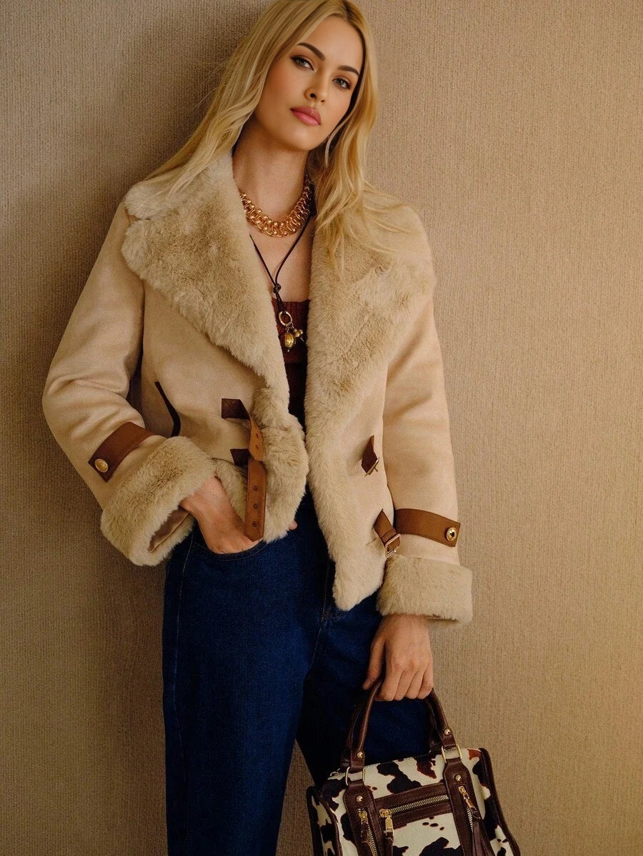 PREMIUM CHIC FAUX FUR COLOR BLOCK LAPEL SHORT COAT AUTUMNWINTER