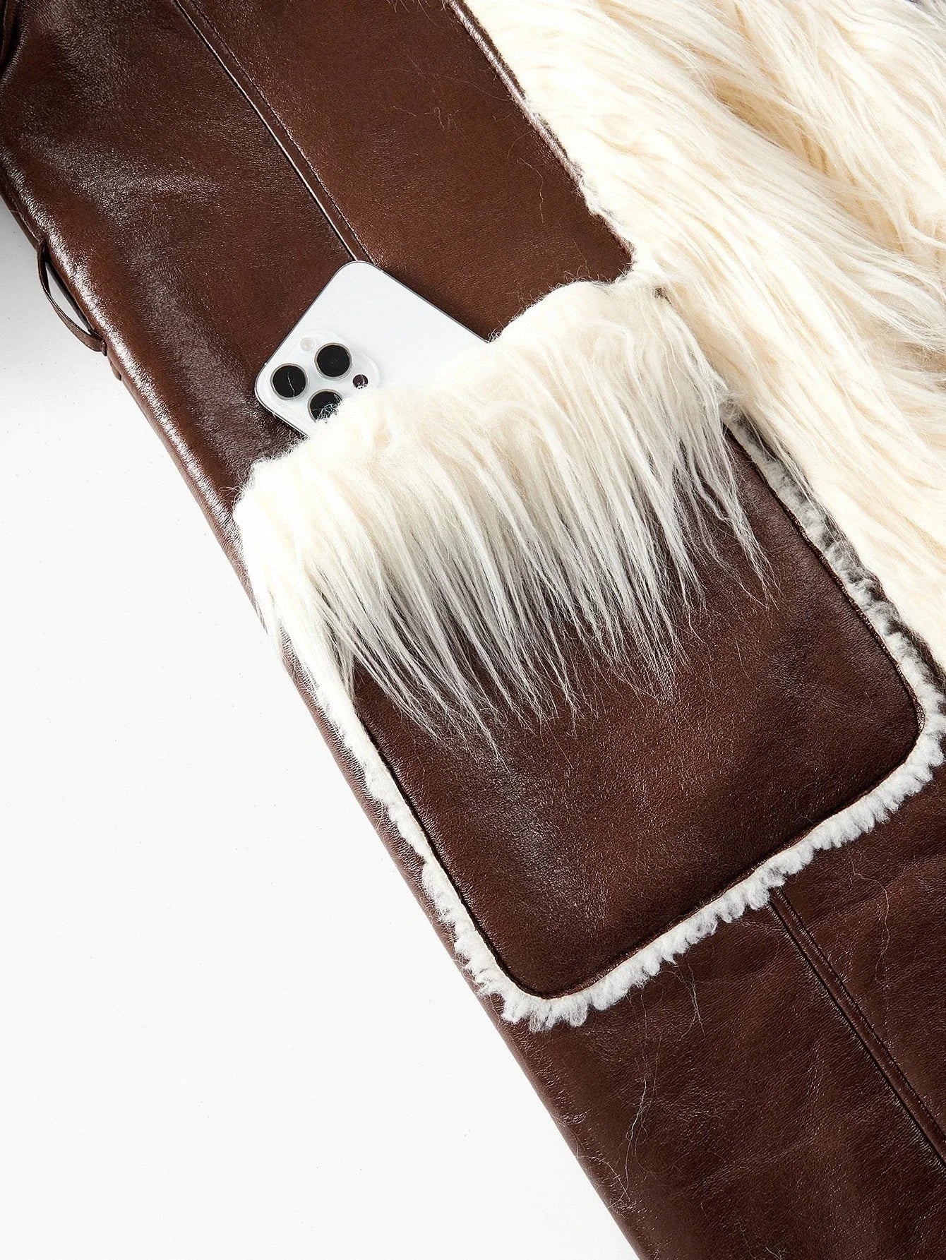 PREMIUM CHIC FAUX FUR CONTRAST COLOR LONG COAT WITH BELT AUTUMNWINTER