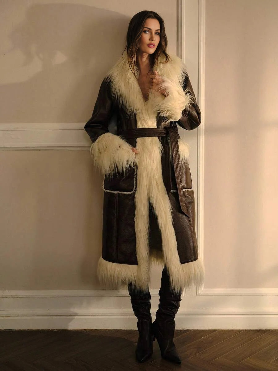 PREMIUM CHIC FAUX FUR CONTRAST COLOR LONG COAT WITH BELT AUTUMNWINTER
