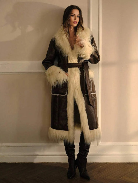 PREMIUM CHIC FAUX FUR CONTRAST COLOR LONG COAT WITH BELT AUTUMNWINTER