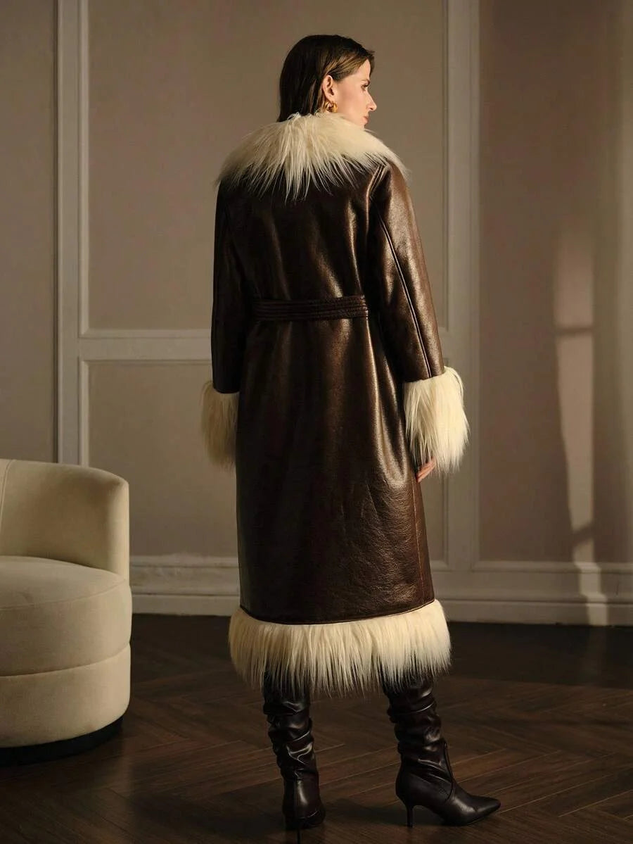 PREMIUM CHIC FAUX FUR CONTRAST COLOR LONG COAT WITH BELT AUTUMNWINTER