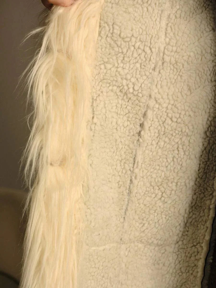 PREMIUM CHIC FAUX FUR CONTRAST COLOR LONG COAT WITH BELT AUTUMNWINTER