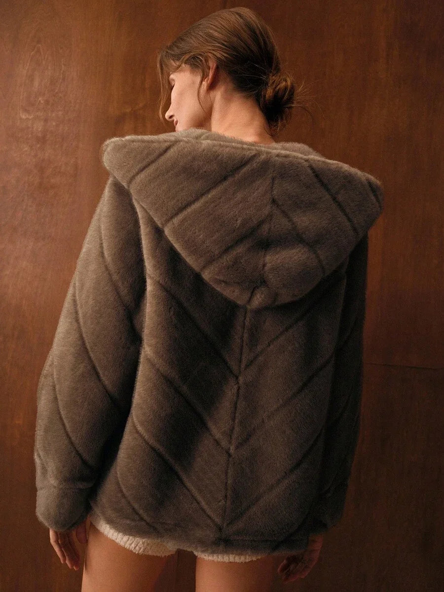 PREMIUM CHIC HOODED FAUX FUR COAT AUTUMNWINTER