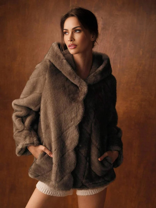 PREMIUM CHIC HOODED FAUX FUR COAT AUTUMNWINTER