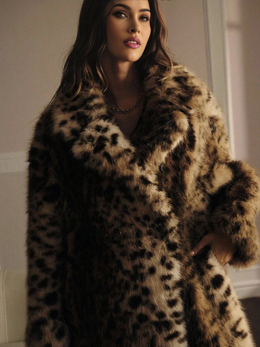 PREMIUM CHIC LEOPARD PRINT FAUX FUR LONG COAT AUTUMNWINTER