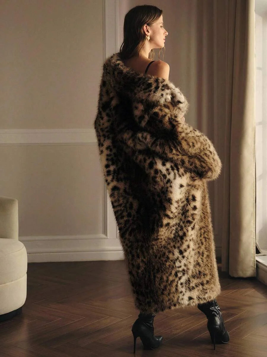 PREMIUM CHIC LEOPARD PRINT FAUX FUR LONG COAT AUTUMNWINTER