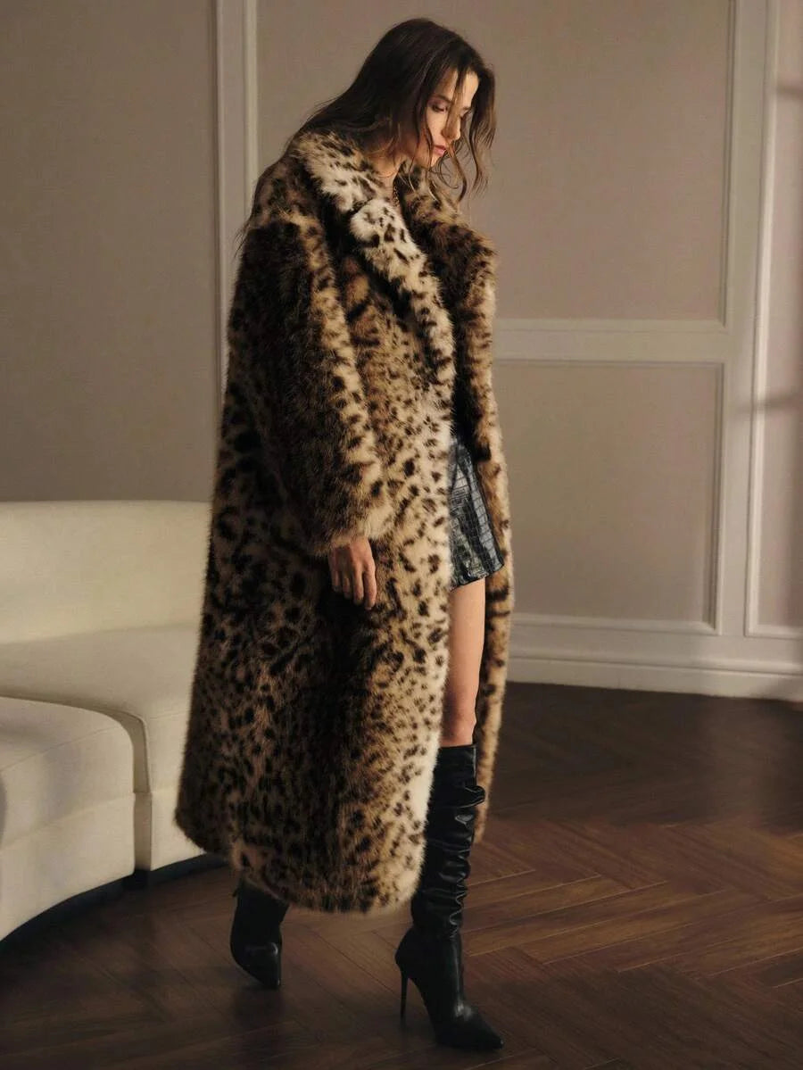 PREMIUM CHIC LEOPARD PRINT FAUX FUR LONG COAT AUTUMNWINTER