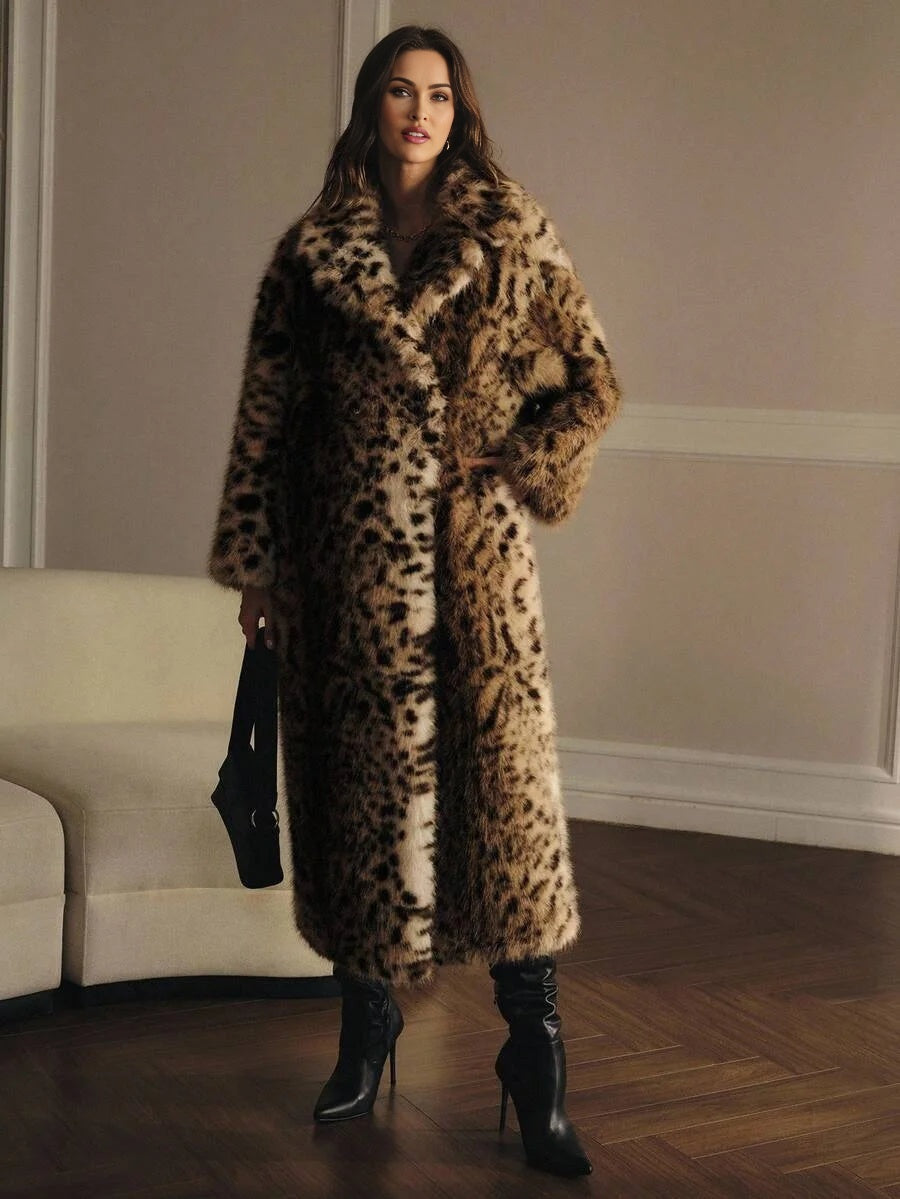 PREMIUM CHIC LEOPARD PRINT FAUX FUR LONG COAT AUTUMNWINTER