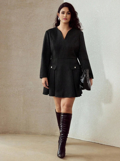 PREMIUM CHIC LONG SLEEVE PLEATED MINI DRESS AUTUMNWINTER
