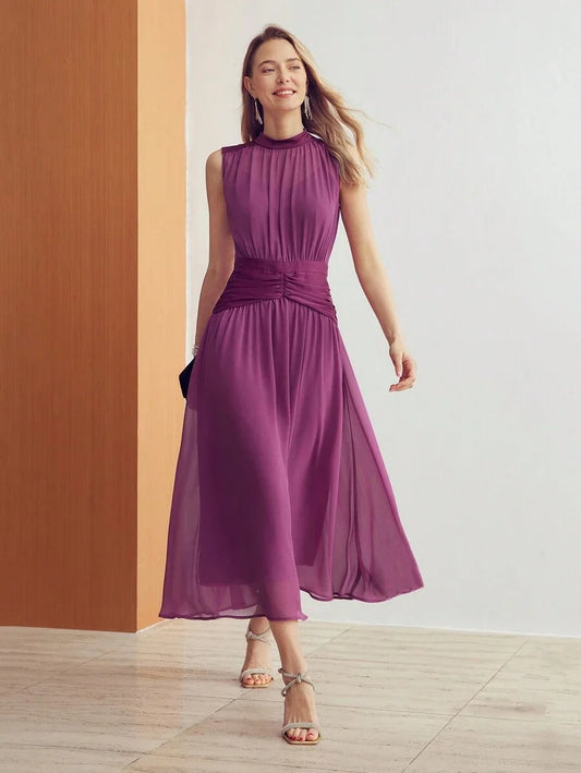 PREMIUM CHIFFON SOLID RUCHED WAIST DRESS
