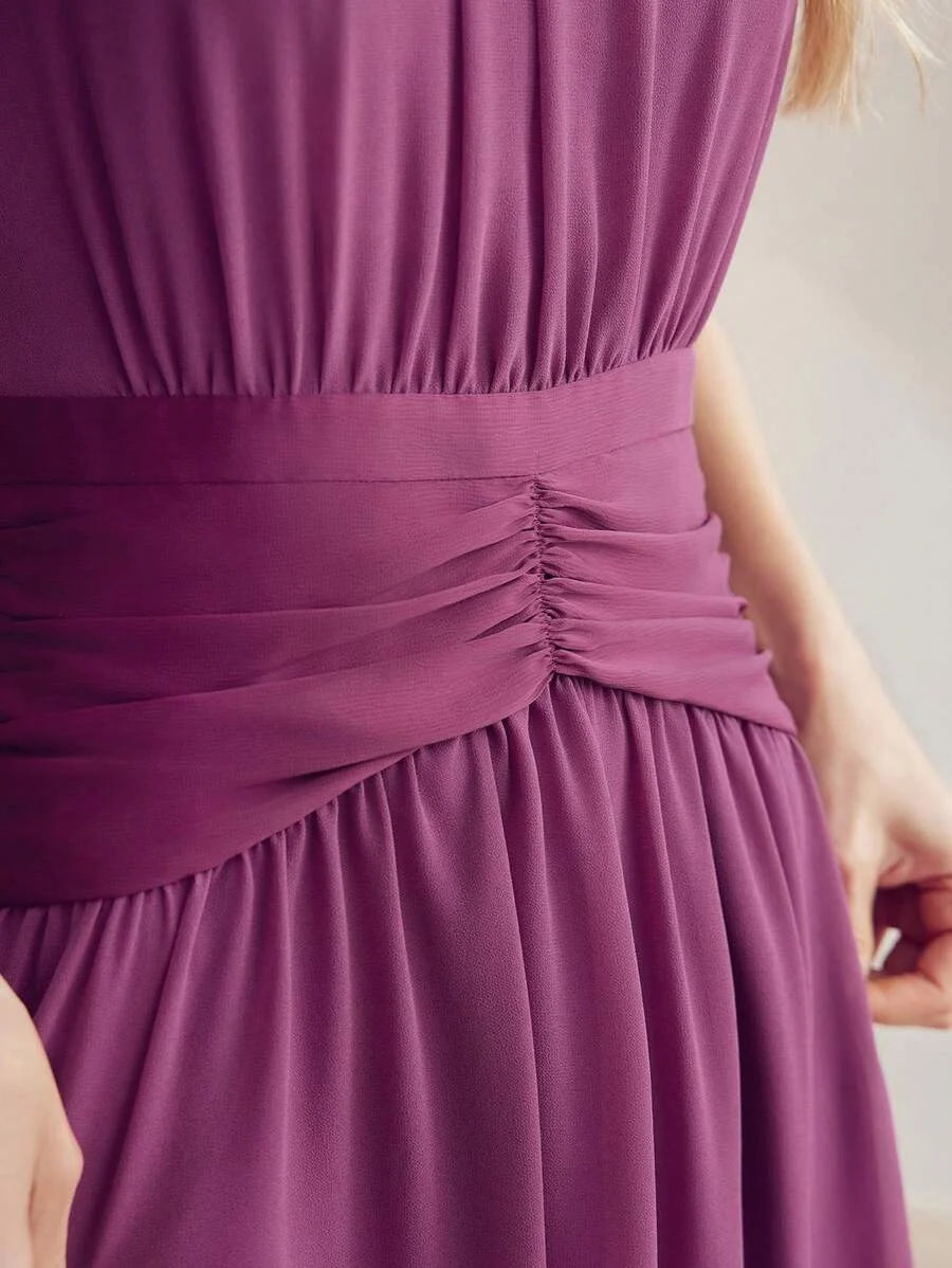 PREMIUM CHIFFON SOLID RUCHED WAIST DRESS