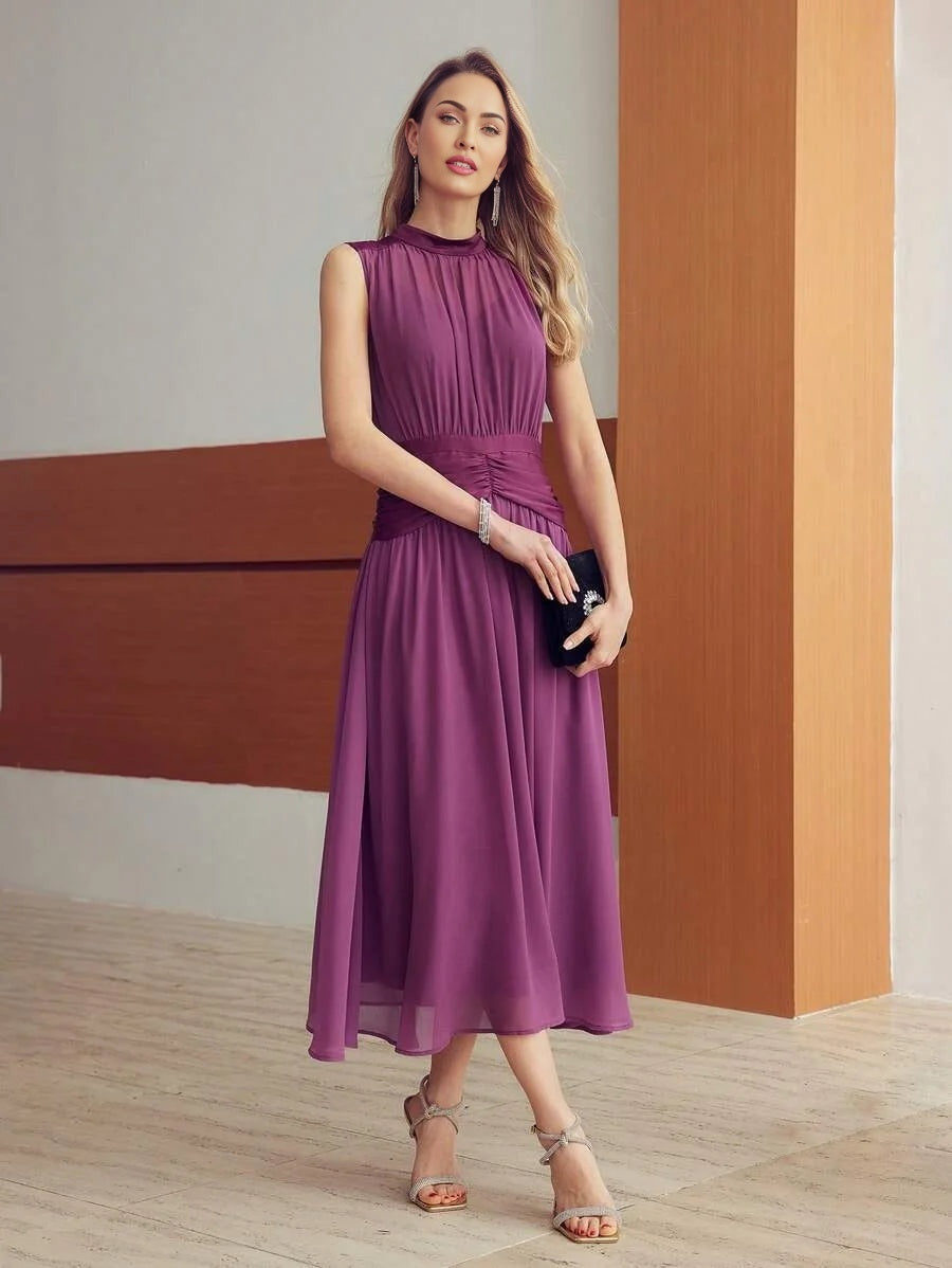 PREMIUM CHIFFON SOLID RUCHED WAIST DRESS