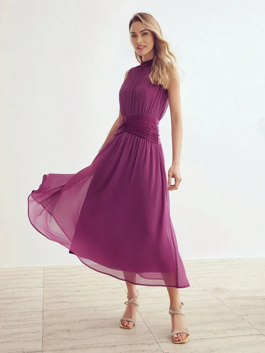 PREMIUM CHIFFON SOLID RUCHED WAIST DRESS
