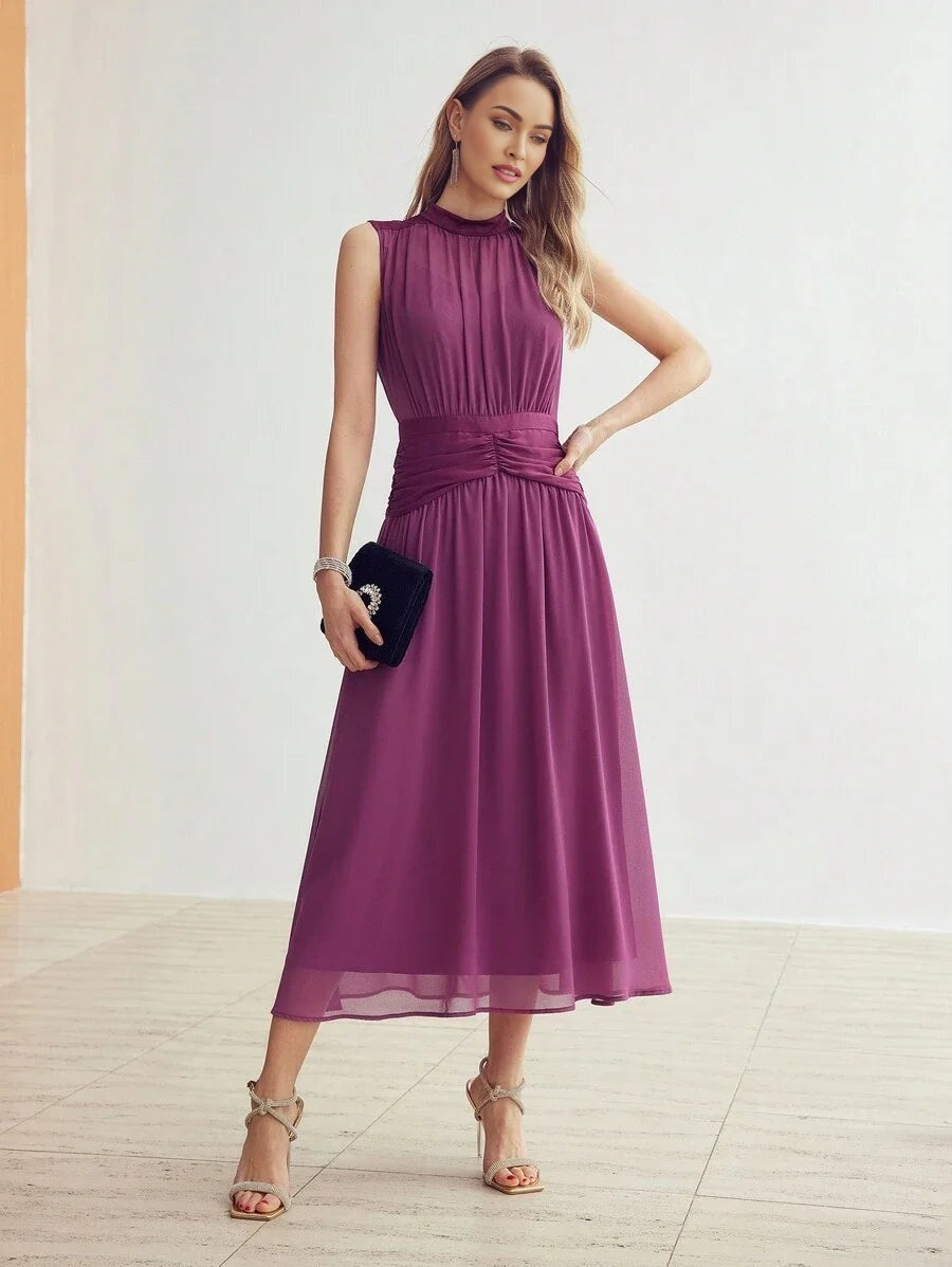 PREMIUM CHIFFON SOLID RUCHED WAIST DRESS
