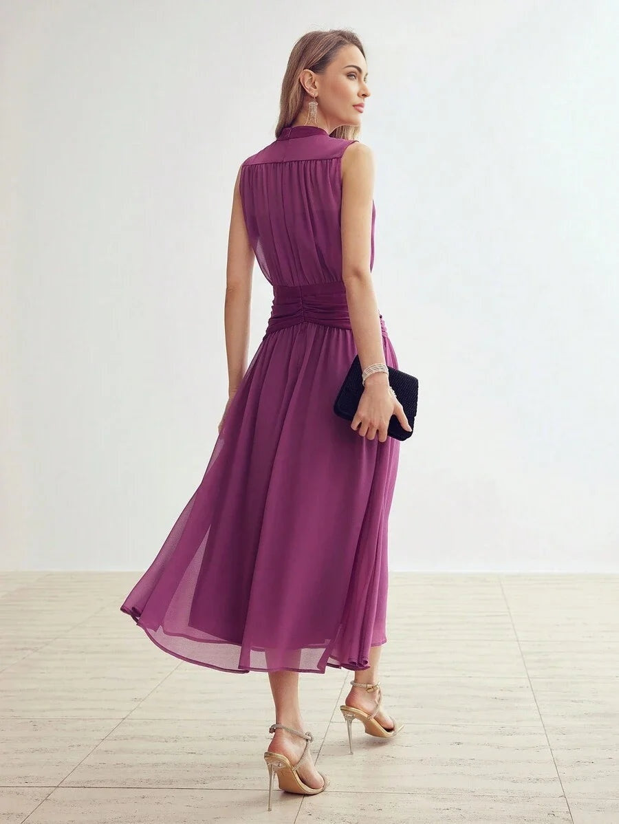 PREMIUM CHIFFON SOLID RUCHED WAIST DRESS