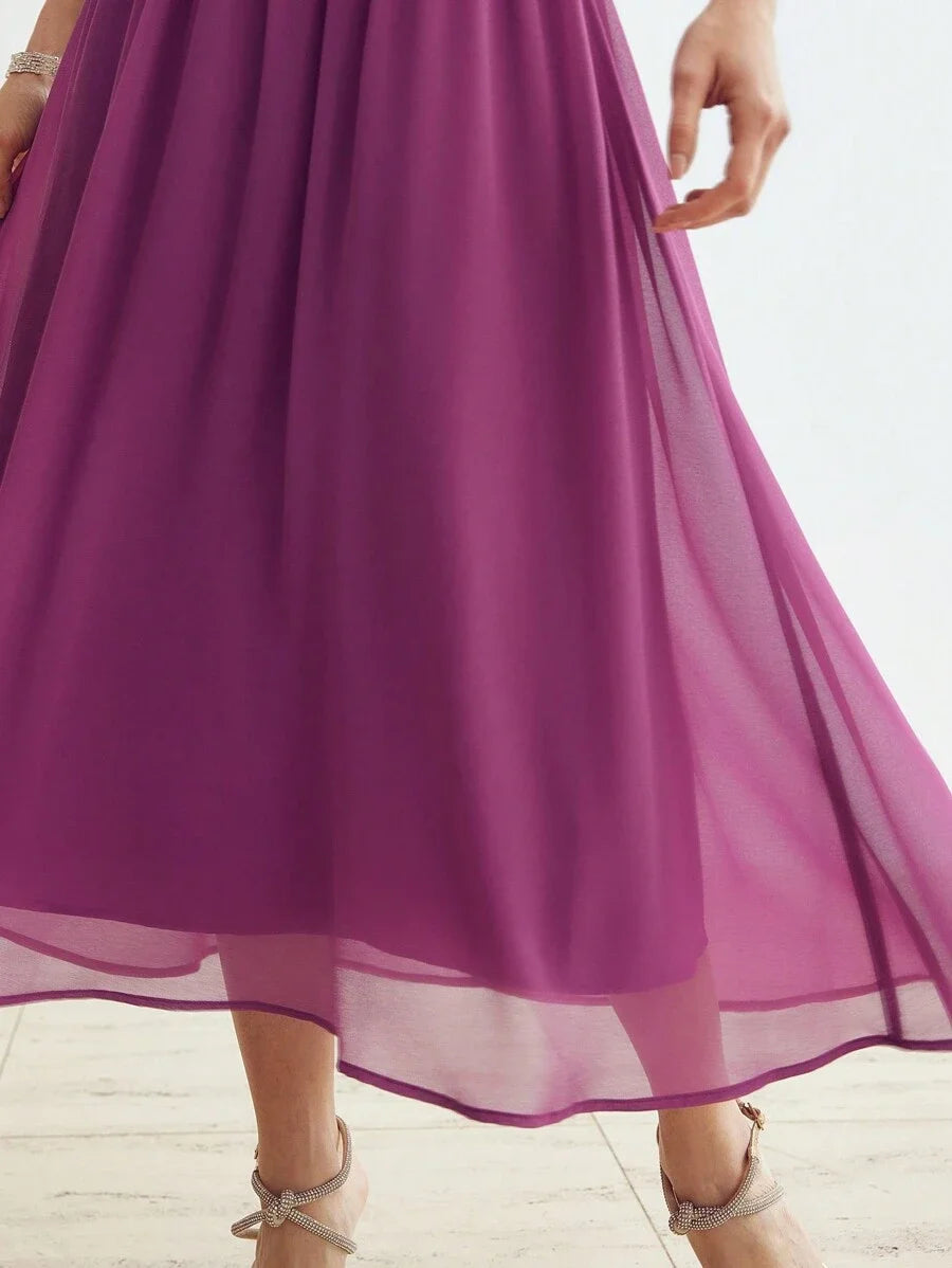 PREMIUM CHIFFON SOLID RUCHED WAIST DRESS