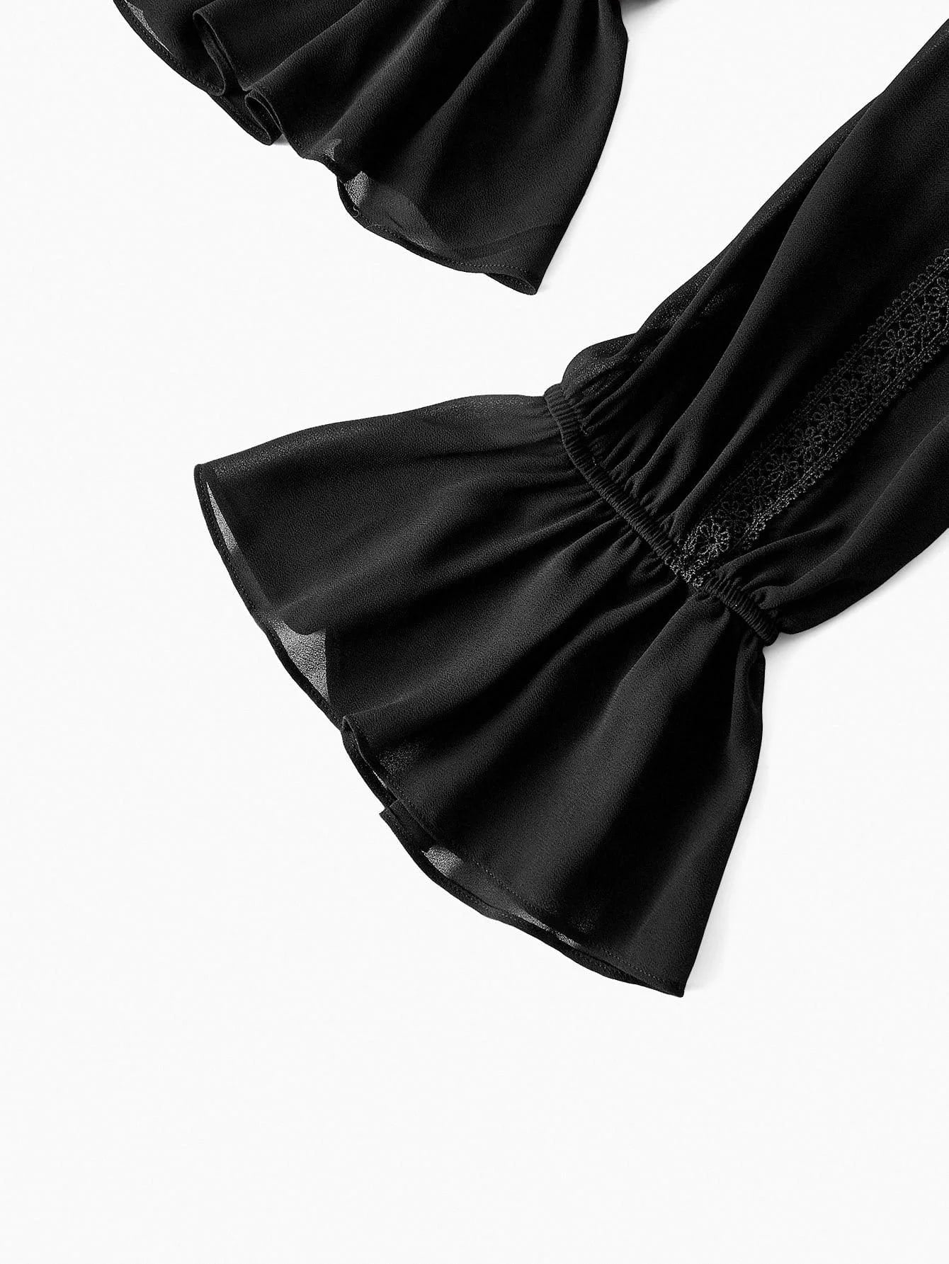 PREMIUM CHRISTMAS PLUS AUTUMN FRILL NECK CONTRAST LACE PLEATED ALINE LONG SLEEVE SHORT DRESS