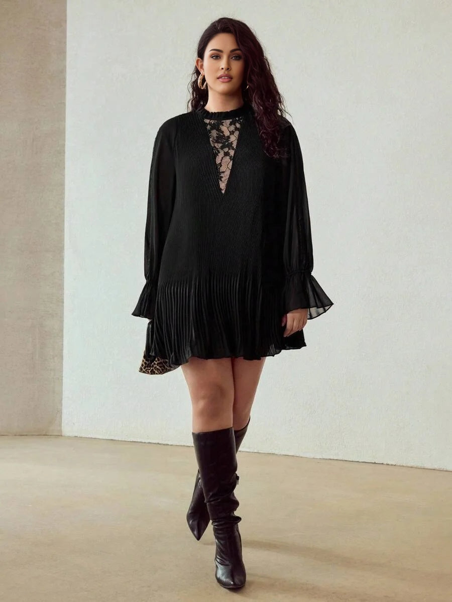 PREMIUM CHRISTMAS PLUS AUTUMN FRILL NECK CONTRAST LACE PLEATED ALINE LONG SLEEVE SHORT DRESS