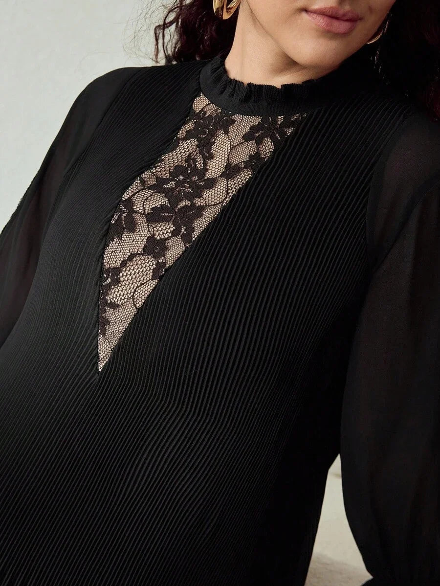 PREMIUM CHRISTMAS PLUS AUTUMN FRILL NECK CONTRAST LACE PLEATED ALINE LONG SLEEVE SHORT DRESS