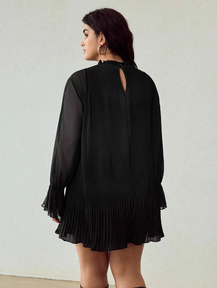 PREMIUM CHRISTMAS PLUS AUTUMN FRILL NECK CONTRAST LACE PLEATED ALINE LONG SLEEVE SHORT DRESS