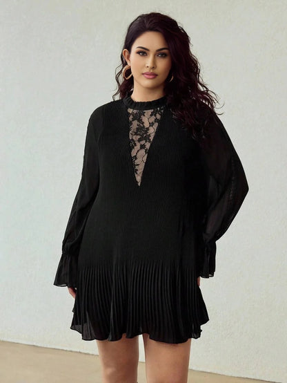 PREMIUM CHRISTMAS PLUS AUTUMN FRILL NECK CONTRAST LACE PLEATED ALINE LONG SLEEVE SHORT DRESS