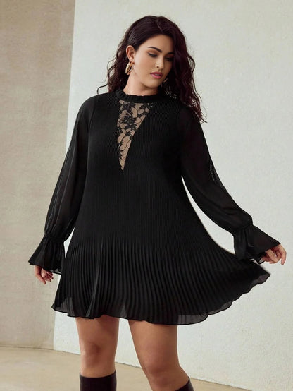 PREMIUM CHRISTMAS PLUS AUTUMN FRILL NECK CONTRAST LACE PLEATED ALINE LONG SLEEVE SHORT DRESS