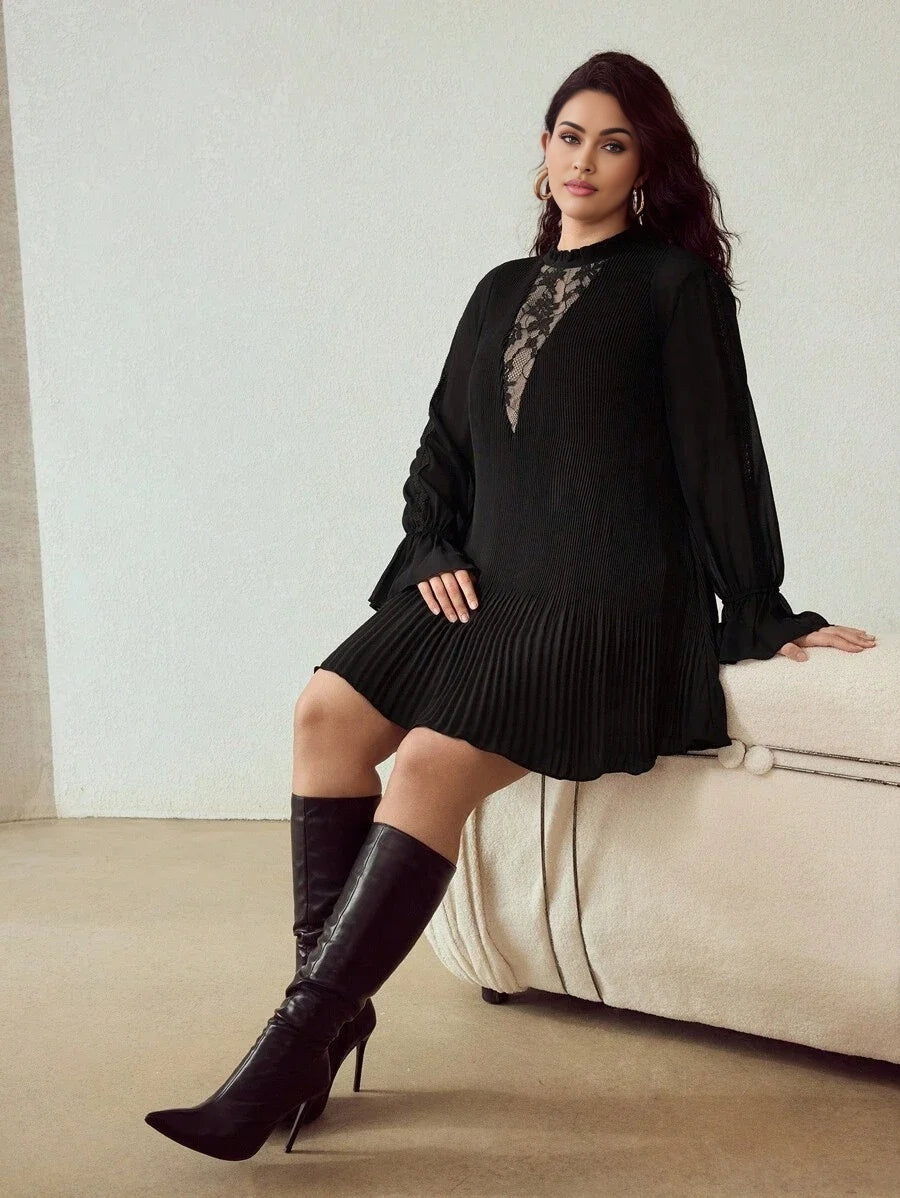 PREMIUM CHRISTMAS PLUS AUTUMN FRILL NECK CONTRAST LACE PLEATED ALINE LONG SLEEVE SHORT DRESS