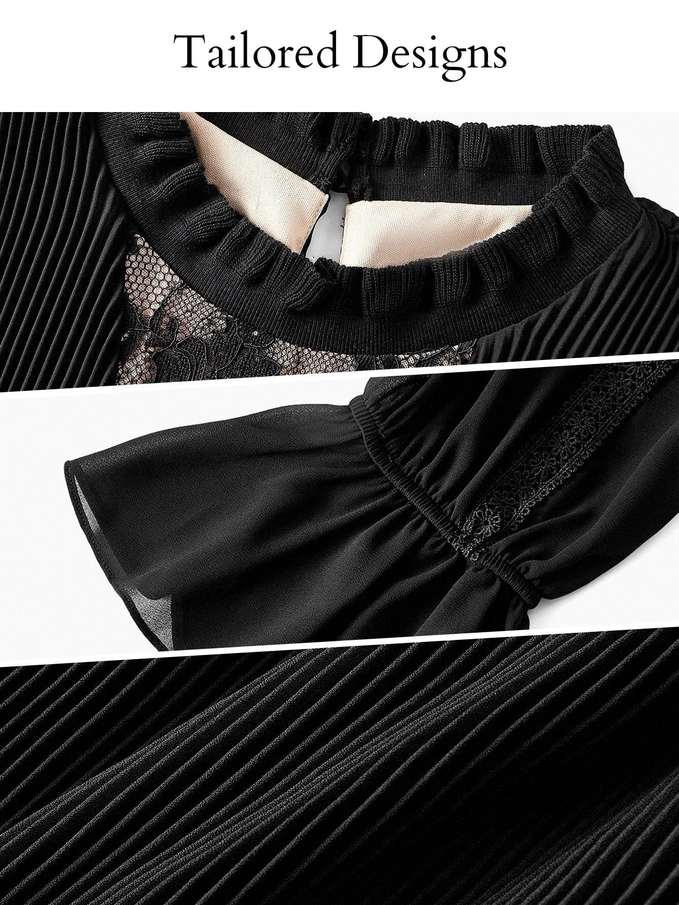 PREMIUM CHRISTMAS PLUS AUTUMN FRILL NECK CONTRAST LACE PLEATED ALINE LONG SLEEVE SHORT DRESS