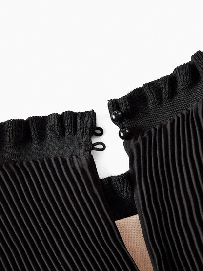 PREMIUM CHRISTMAS PLUS AUTUMN FRILL NECK CONTRAST LACE PLEATED ALINE LONG SLEEVE SHORT DRESS