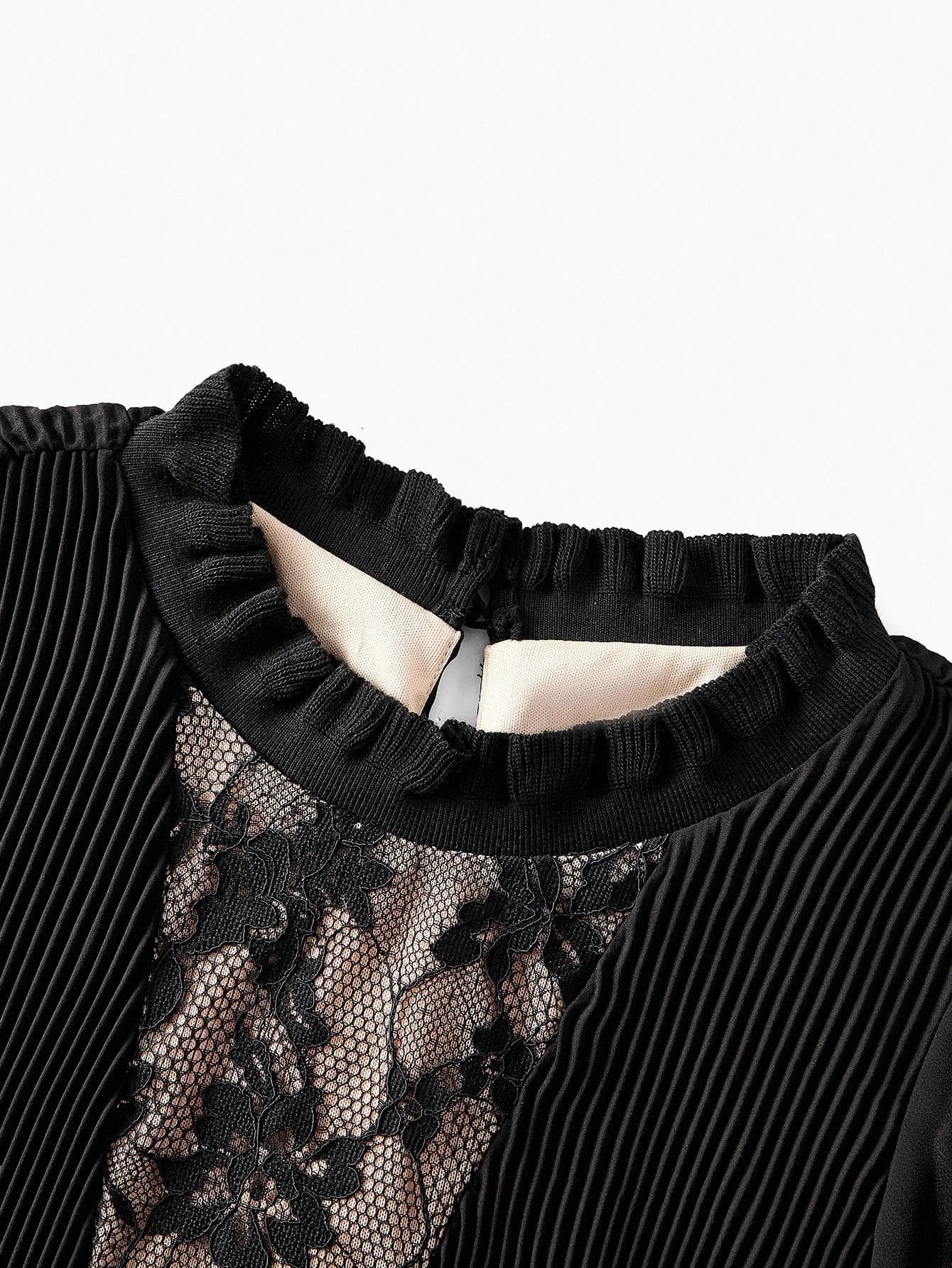 PREMIUM CHRISTMAS PLUS AUTUMN FRILL NECK CONTRAST LACE PLEATED ALINE LONG SLEEVE SHORT DRESS