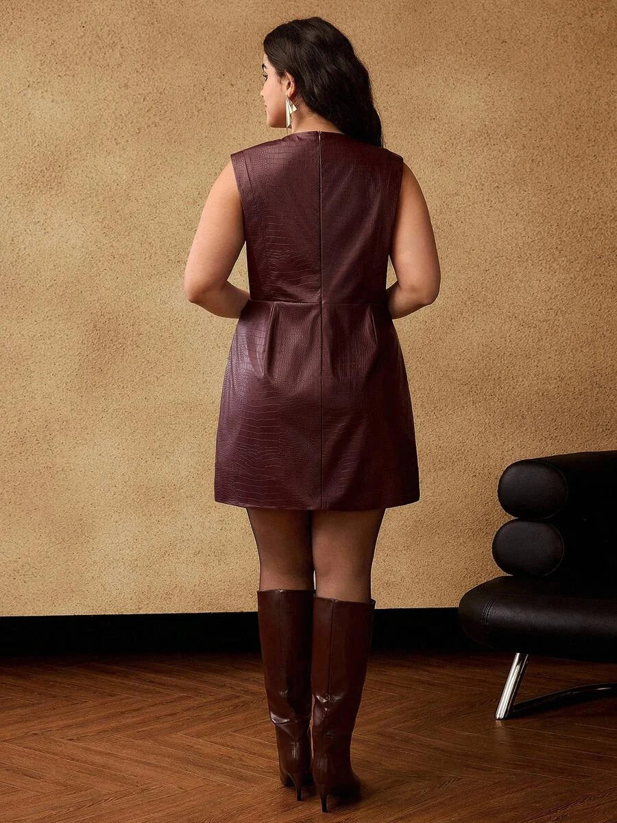 PREMIUM CHRISTMAS PLUS CROCODILE SKIN EMBOSSED PU LEATHER SLEEVELESS MINI DRESS PARTY WEAR