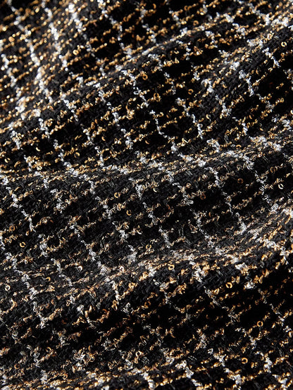 PREMIUM CHRISTMAS PLUS SIZE CHIC LONG SLEEVE TWEED PATCHWORK PLEATED MINI DRESS AUTUMNWINTER