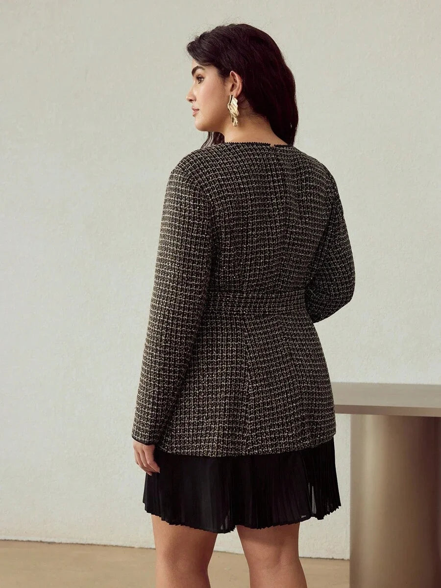 PREMIUM CHRISTMAS PLUS SIZE CHIC LONG SLEEVE TWEED PATCHWORK PLEATED MINI DRESS AUTUMNWINTER
