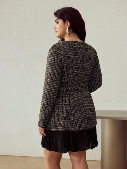 PREMIUM CHRISTMAS PLUS SIZE CHIC LONG SLEEVE TWEED PATCHWORK PLEATED MINI DRESS AUTUMNWINTER